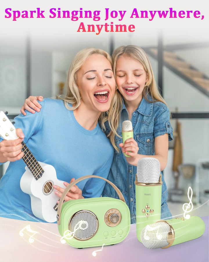PRUNUS Karaoke Maschine Kinder mit 2 Mikrofonen, Mini Karaoke Set mit Stereosound und Heavy Bass für