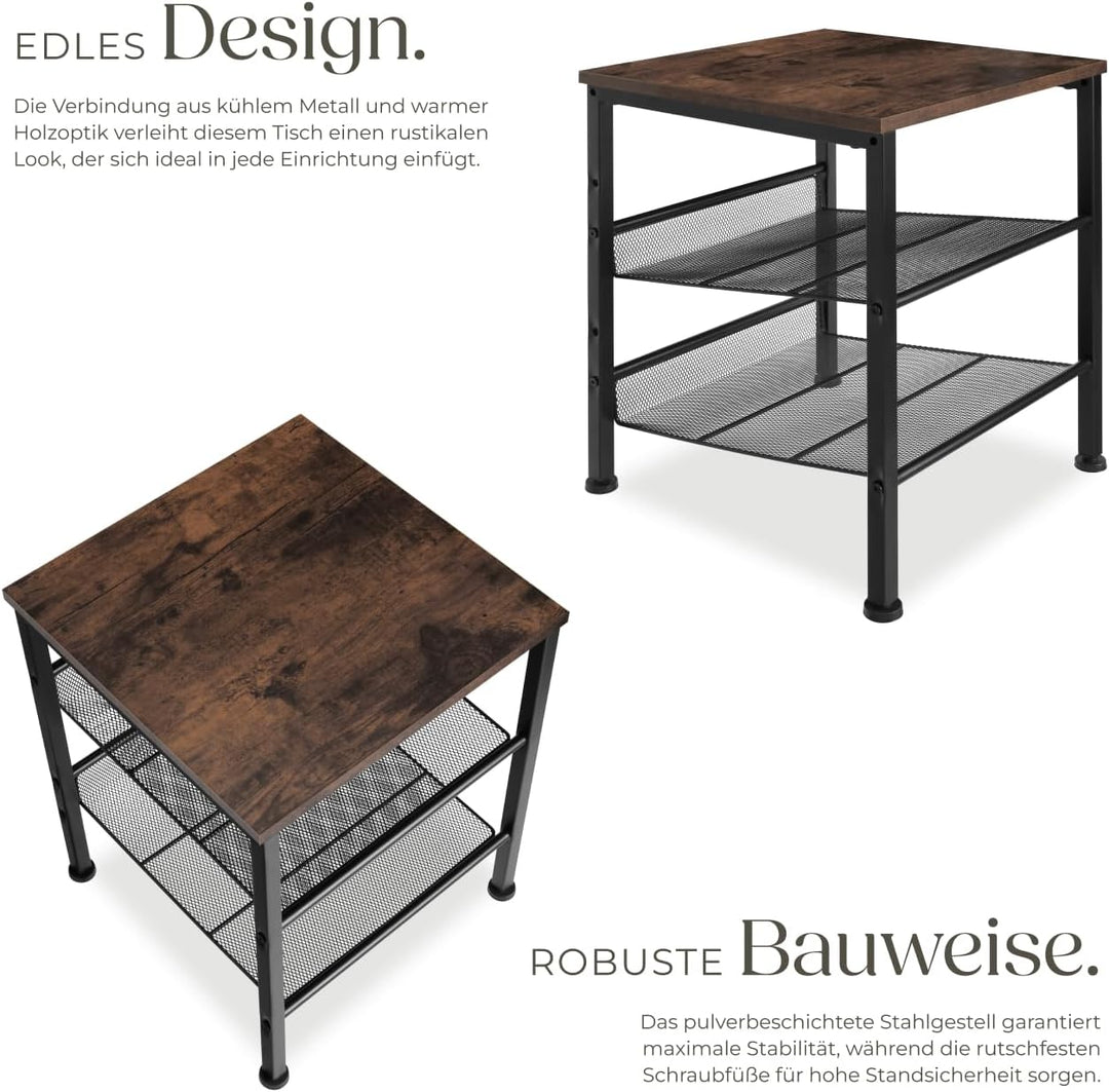 tectake Beistelltisch aus Holz und Metall, Nachttisch mit 2 Gitterablagen, Industrie-Design, für Woh