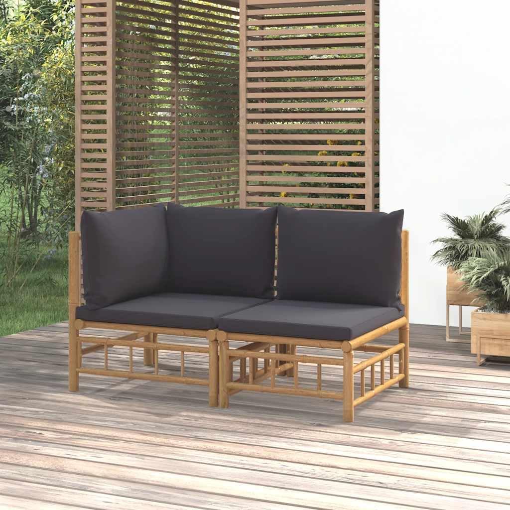 vidaXL 2-TLG. Garten-Lounge-Set mit Dunkelgrauen Kissen Bambus Eckteil + Mittelteil Dunkelgrau, Eckt