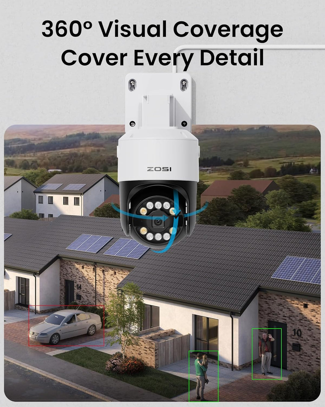 ZOSI 5MP PoE Überwachungskamera Aussen, 360° Outdoor Kamera mit 2-Wege-Audio, Personenverfolgung, Fa