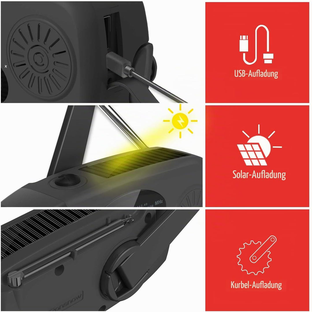 iRonsnow Notfall-Solarradio, Tragbare Kurbelradio mit LED-Taschenlampe, SOS-Alarm, AM/FM/WB Solar Wi