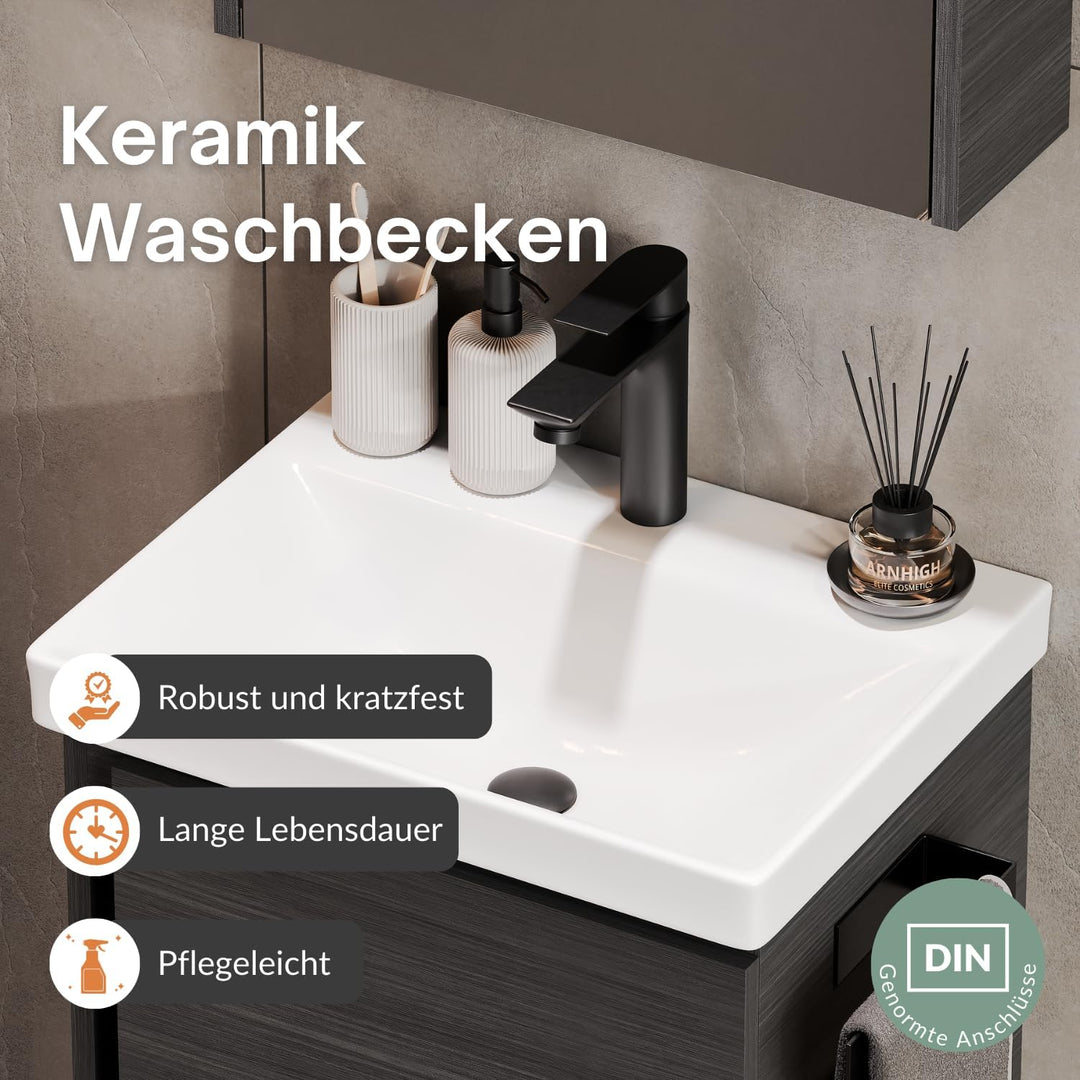 Planetmöbel Waschtischunterschrank 50 cm Anthrazit mit Armatur Schwarz mit Wasserhahn Schwarz matt A