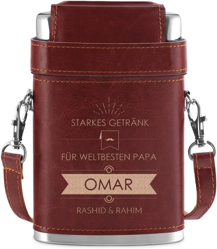 Maverton Flachmann mit Gravur - personalisiert - 250 ml - 3x10 ml Becher - aus Edelstahl - Ledertasc