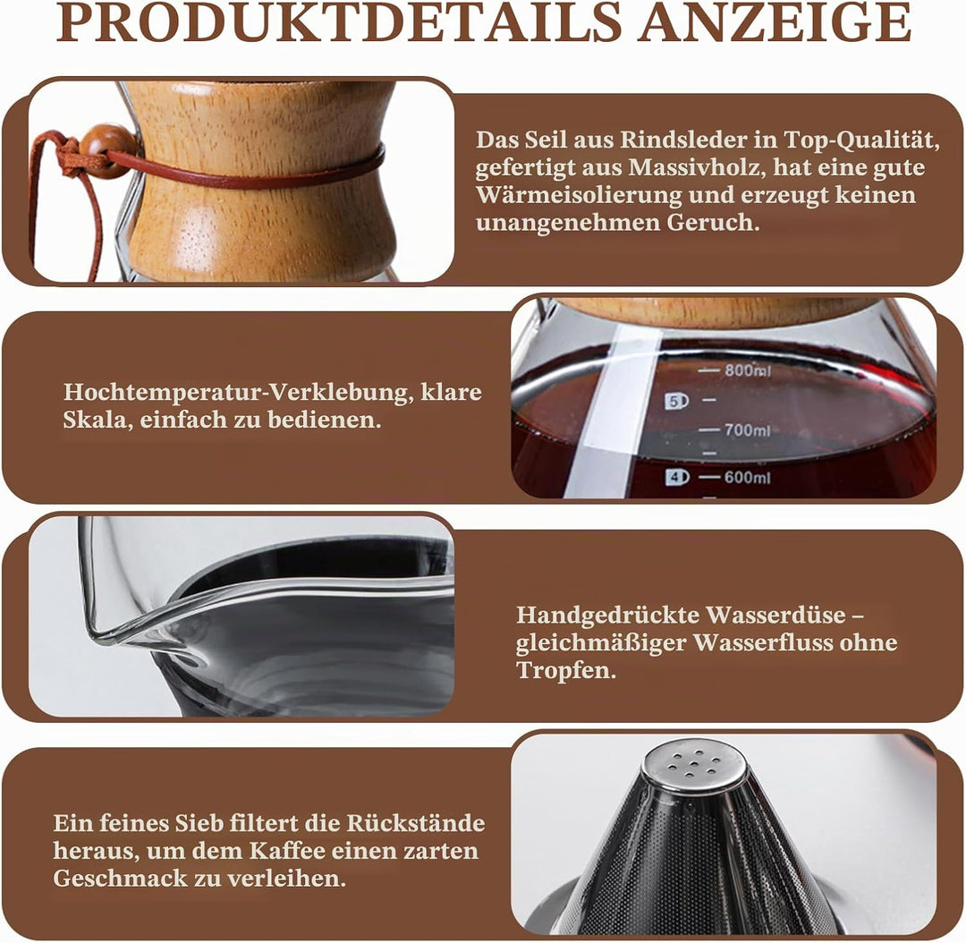 Pour Over Kaffeebereiter, 800 ml Permanentfilter Pour Over Kaffeebereiter, Borosilikat Glaskanne mit