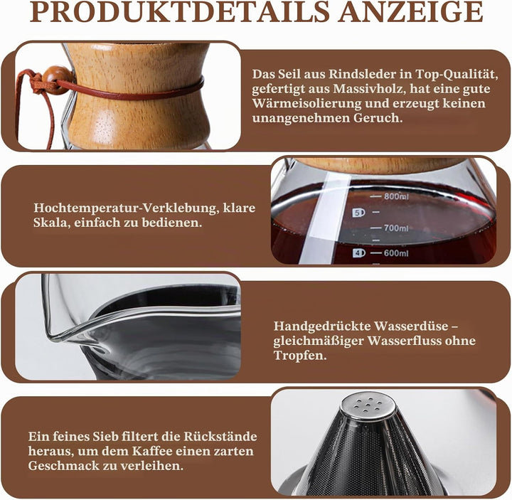 Pour Over Kaffeebereiter, 800 ml Permanentfilter Pour Over Kaffeebereiter, Borosilikat Glaskanne mit
