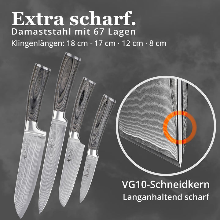 Wakoli Edis 4er Damastmesser-Set mit Klingenlängen von 8,50 bis 18 cm, extrem scharf aus 67 Lagen I