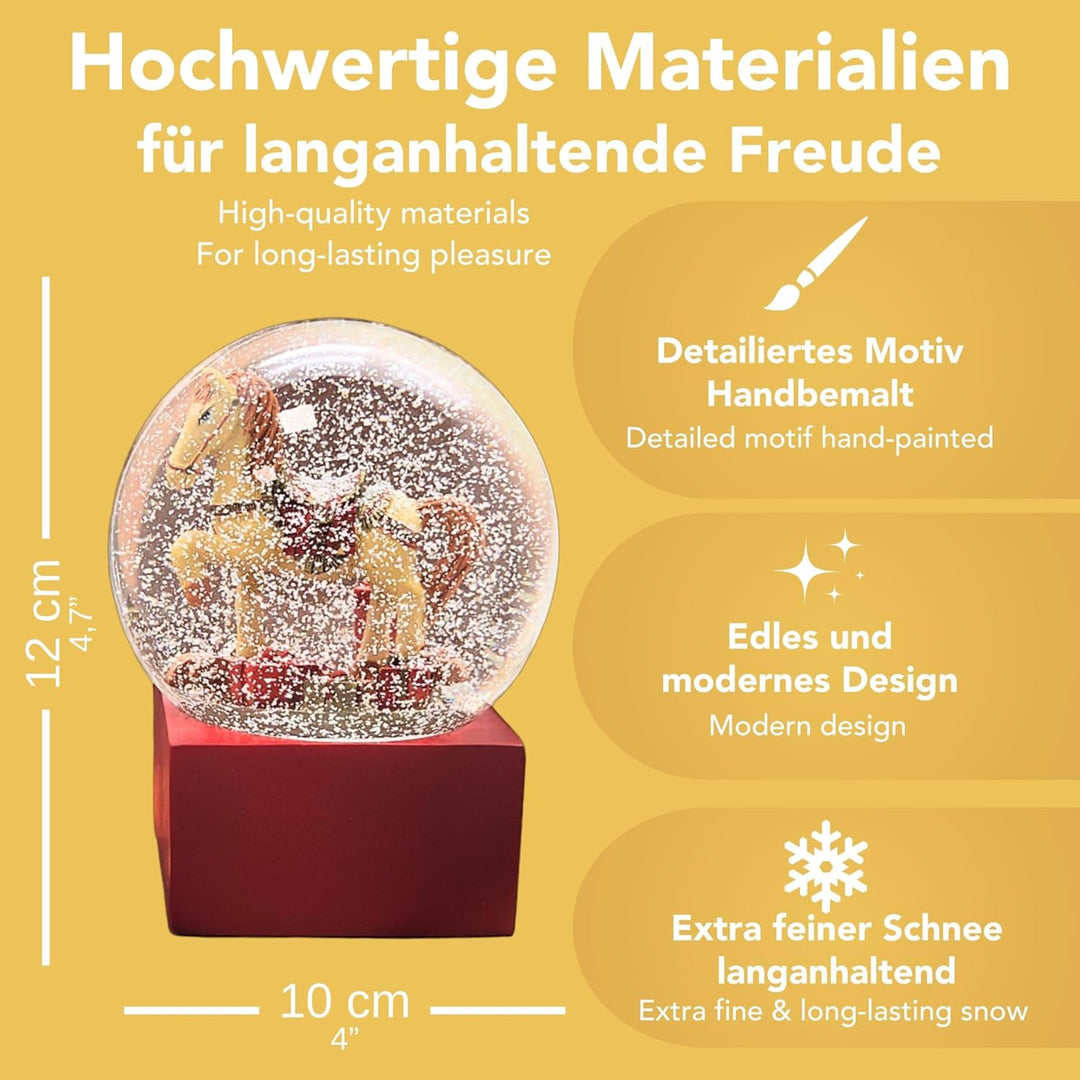 Weihnachts-Schneekugel | Schaukelpferd mit Geschenken | Farbe rot Gold | 100mm breit, 120mm hoch | B