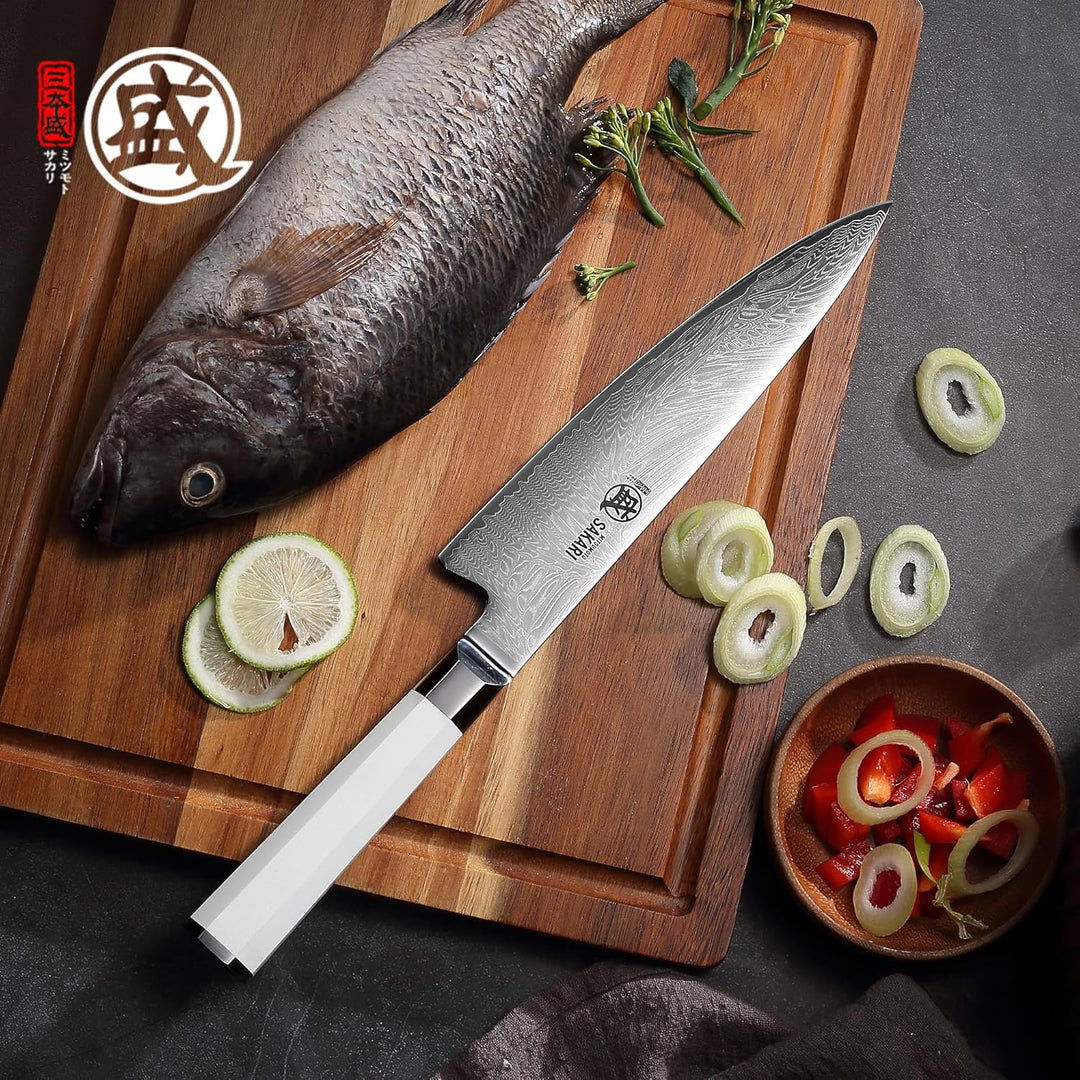 MITSUMOTO SAKARI Japanisches Damast-Küchenmesser, 8 Zoll Klinge aus Extrem Scharfem VG-Pro Stahl, Pr