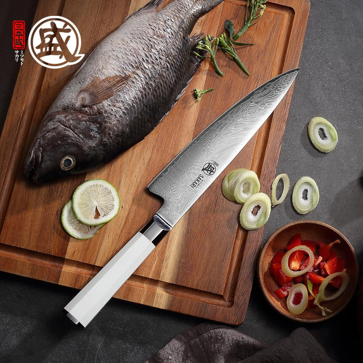 MITSUMOTO SAKARI Japanisches Damast-Küchenmesser, 8 Zoll Klinge aus Extrem Scharfem VG-Pro Stahl, Pr