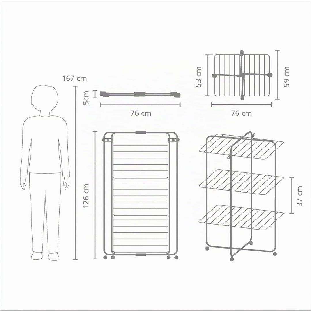 Brabantia HangOn Tower Drying Rack, 23 m (weiss), Turmwäscheständer klappbar, platzsparender Standtr
