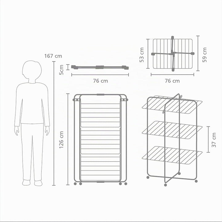 Brabantia HangOn Tower Drying Rack, 23 m (weiss), Turmwäscheständer klappbar, platzsparender Standtr