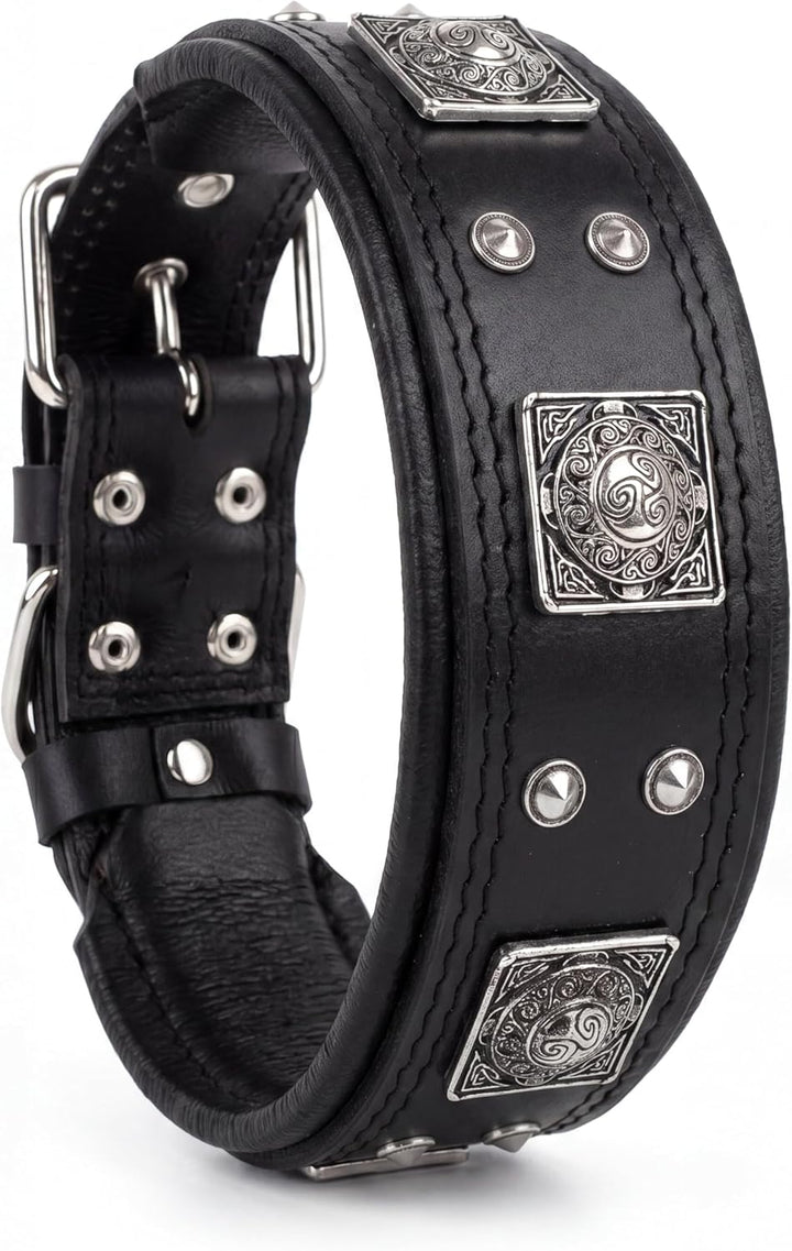 Bestia® EROS Lederhalsband für grosse Hunderassen mit Altsilber Dekoration und weicher Innerpolsteru