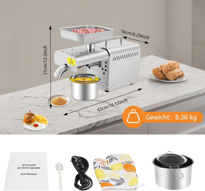 Ölpresse Elektrische Ölpresse aus Edelstahl 304, 150W Vollkupfermotor für Kalt & Heisspressung, 6-13