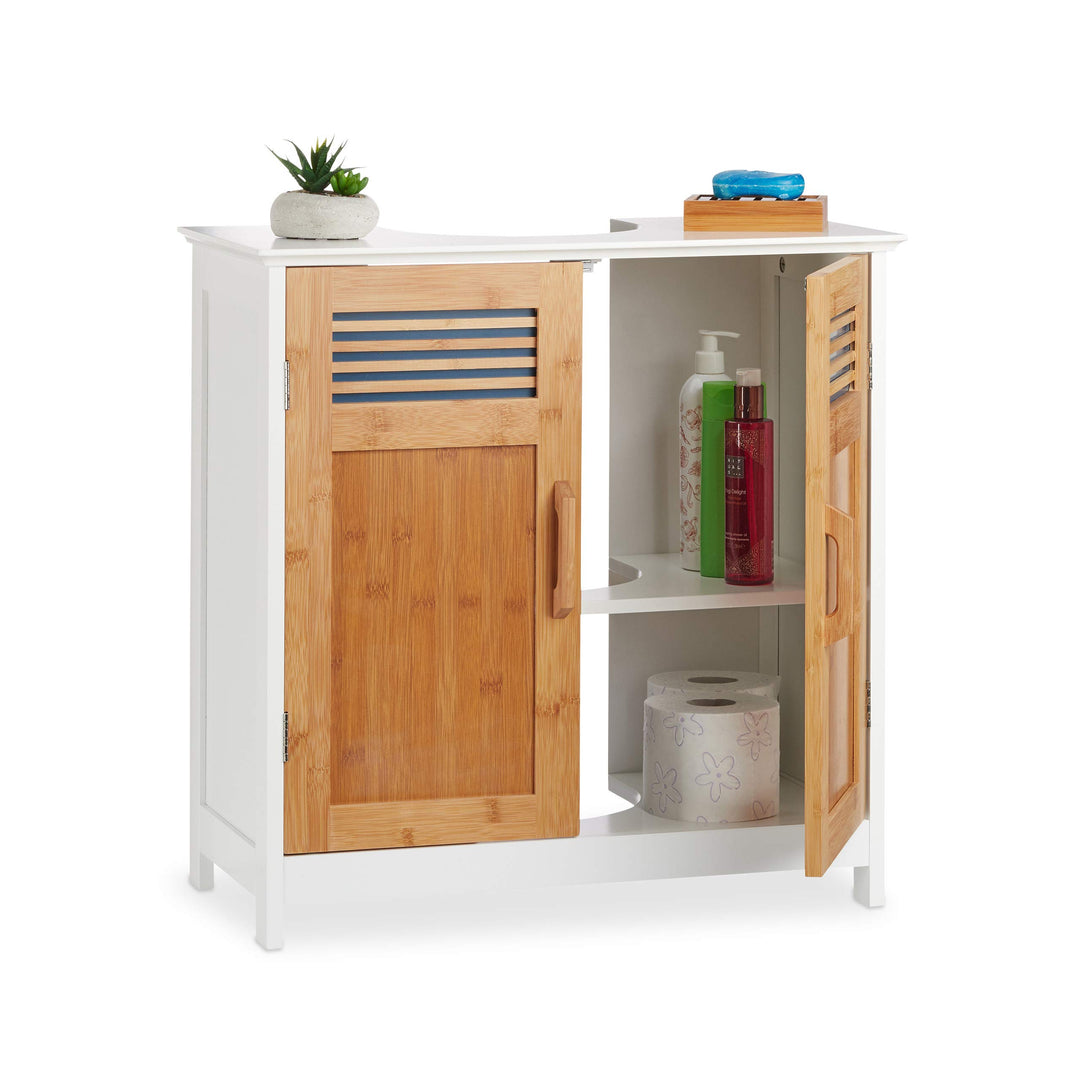 Relaxdays Waschbeckenunterschrank, Bambustüren, höhenverstellbarer Boden, Siphon-Aussparung, HBT: 60