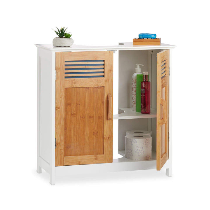 Relaxdays Waschbeckenunterschrank, Bambustüren, höhenverstellbarer Boden, Siphon-Aussparung, HBT: 60