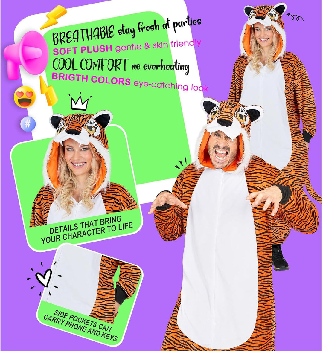 W WIDMANN MILANO Party Fashion - Tier Overall für Erwachsene, weicher Plüsch Jumpsuit mit Kapuze, Ti