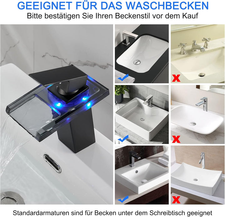 KEOKBON LED Lichter Bad Wasserhahn Schwarz, Farbtemperatur Wasserfall Waschtischarmatur, Waschtischb