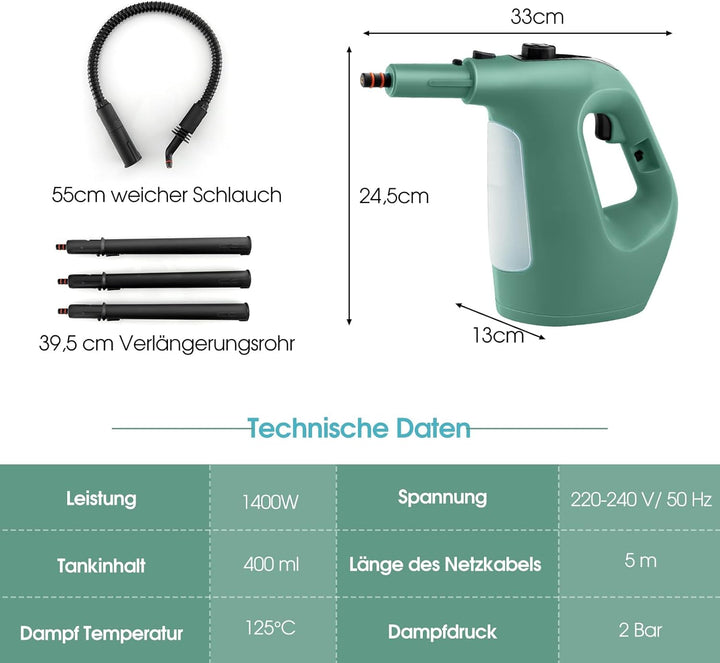 GOPLUS Dampfreiniger 1500W, Tragbarer Mehrzweck-Dampfreiniger: Dampfdruck: 2 Bar, 400 ML Wassertank,