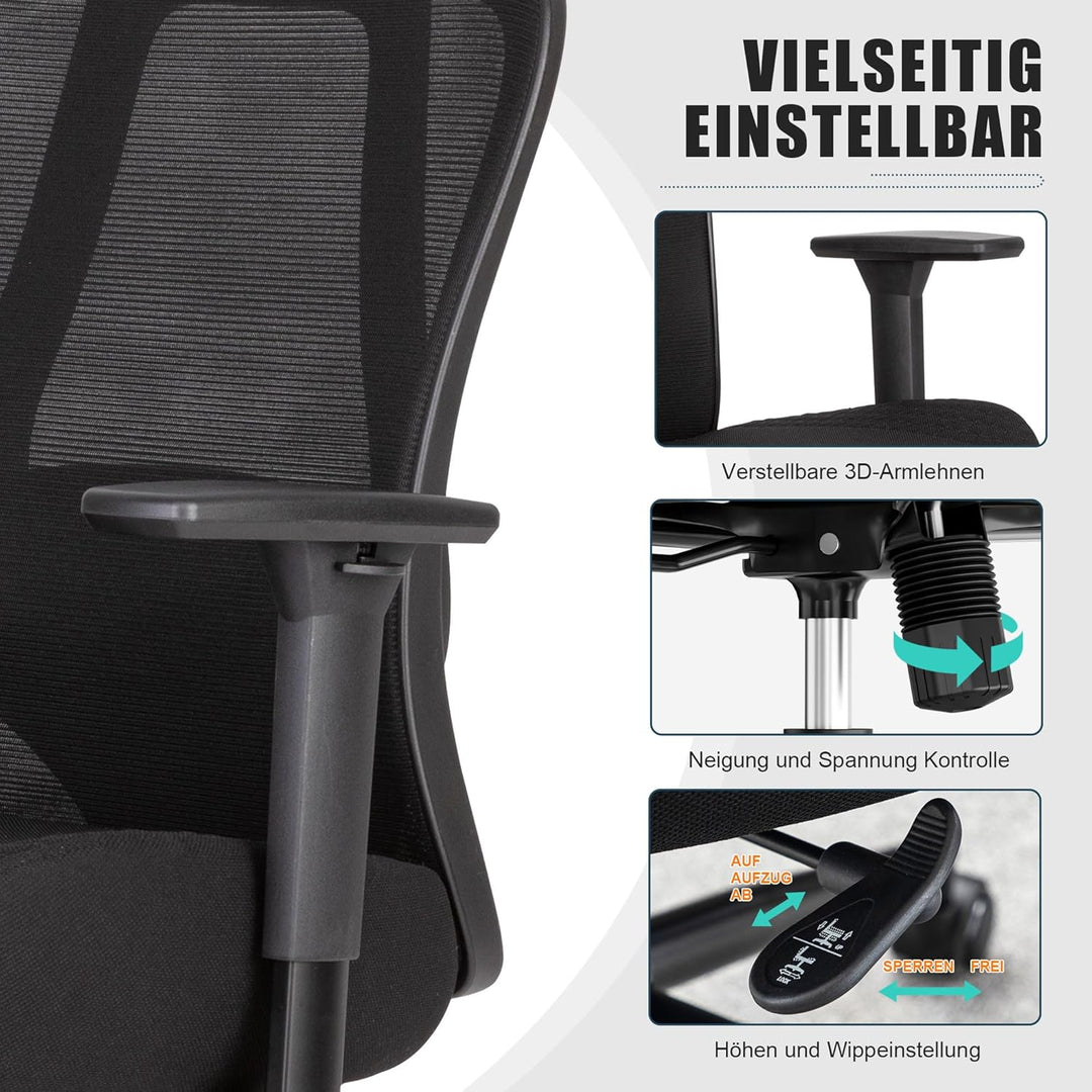 UEV Ergonomischer Bürostuhl 230kg, Verstellbare Lendenwirbelstütze/Armlehnen, atmungsaktiv Netzbespa