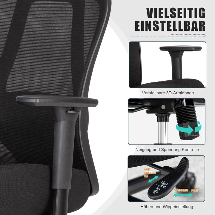 UEV Ergonomischer Bürostuhl 230kg, Verstellbare Lendenwirbelstütze/Armlehnen, atmungsaktiv Netzbespa