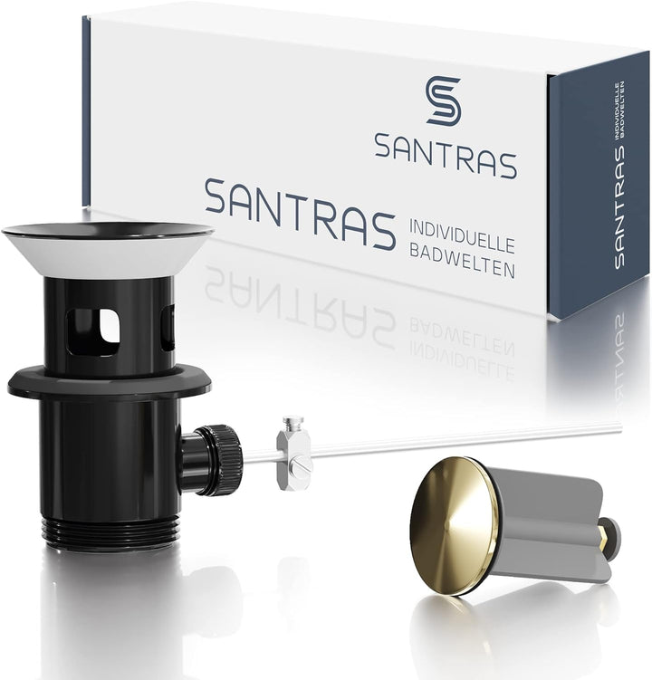 SANTRAS® Exzenter Ablaufgarnitur Premium für Waschtisch mit Schutz vor Überlauf in Schwarz/Gold – Ko