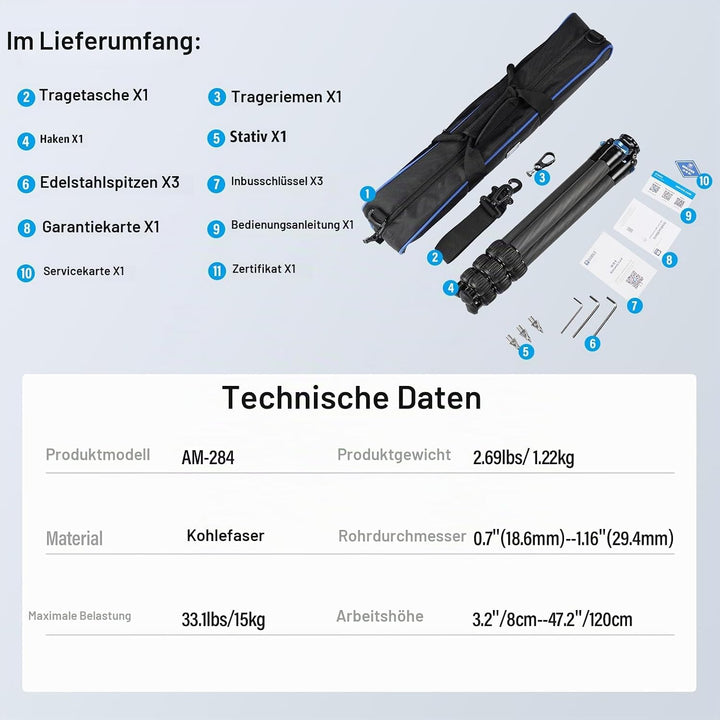 SIRUI AM-284 Carbon Kamera Reise Stativ für professionelles Fotografie, 4 Beinabschnitte, Drehbeinve
