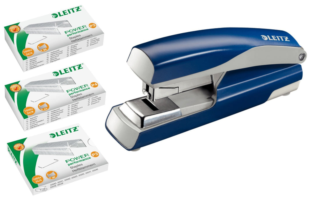 Leitz 5523 Flachheftgerät Stark NeXXt, 40 Blatt mit je 1.000 Heftklammern 24/6 24/8 und 26/6 (blau,