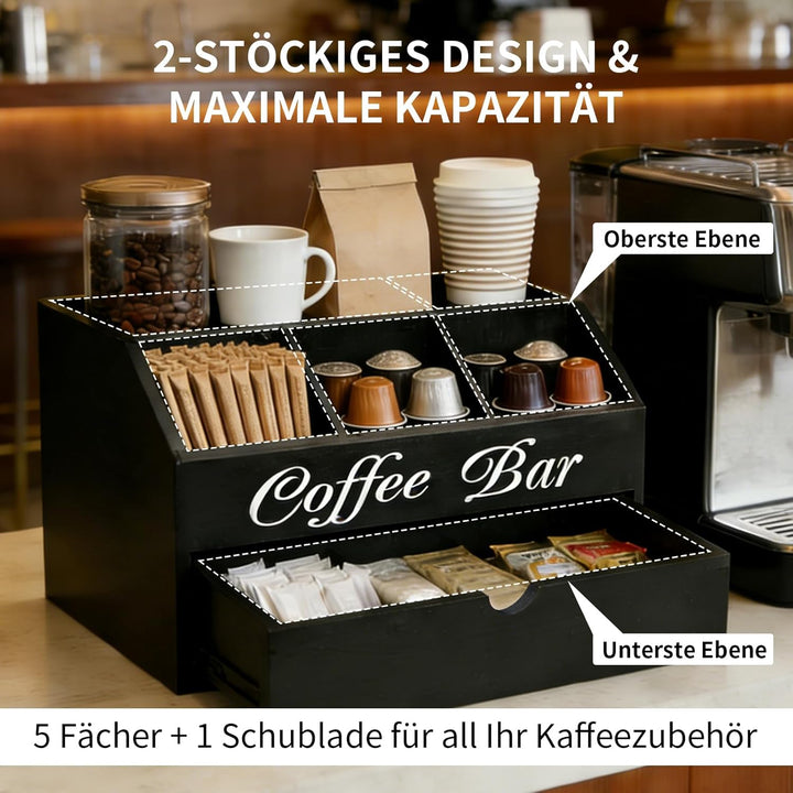 Eastsign Kaffeebar-Organizer aus Holz mit Schublade – Aufbewahrung auf der Arbeitsplatte für Pads, T