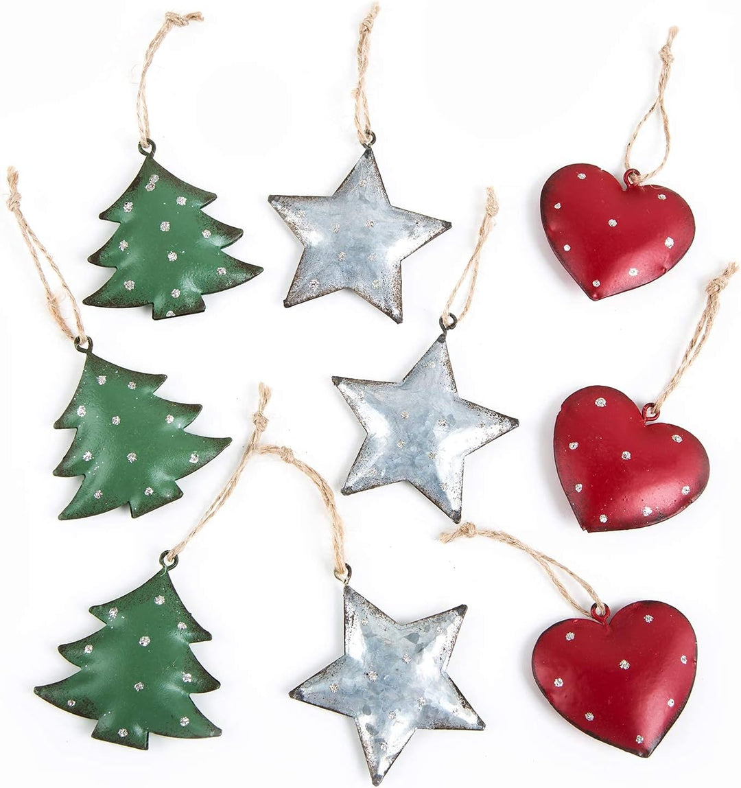 Metallanhänger Weihnachten 8 Stück – Herz, Stern, Baum in Rot Grün Silber 5,5 cm – Nostalgischer Chr