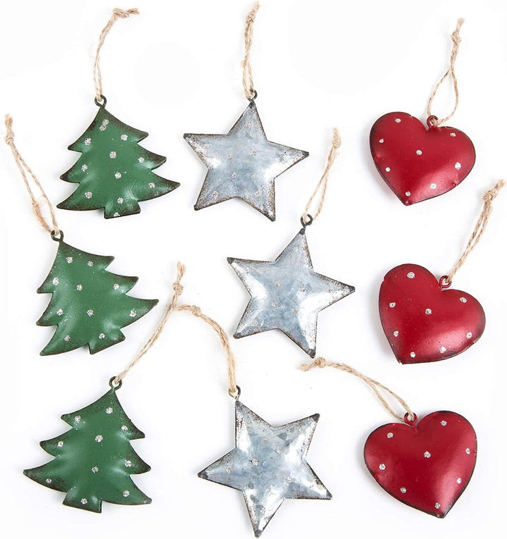 Metallanhänger Weihnachten 8 Stück – Herz, Stern, Baum in Rot Grün Silber 5,5 cm – Nostalgischer Chr