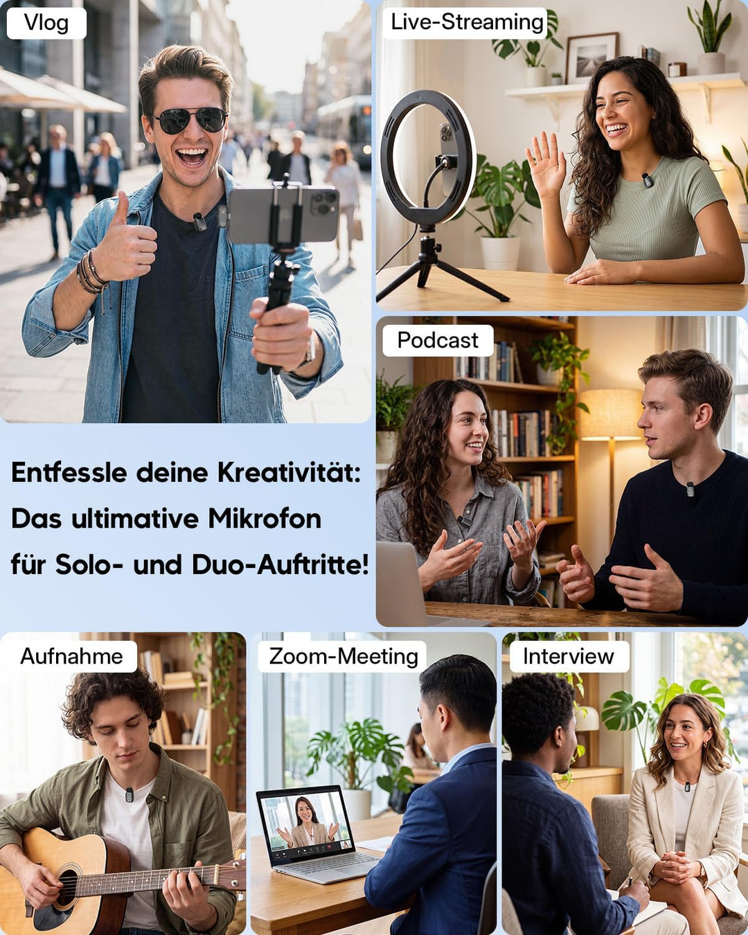 ZealSound Mini Kabellos Mikrofon für iPhone Handy Android iPad, mit USB-C/Lightning-Stecker,Stummsch