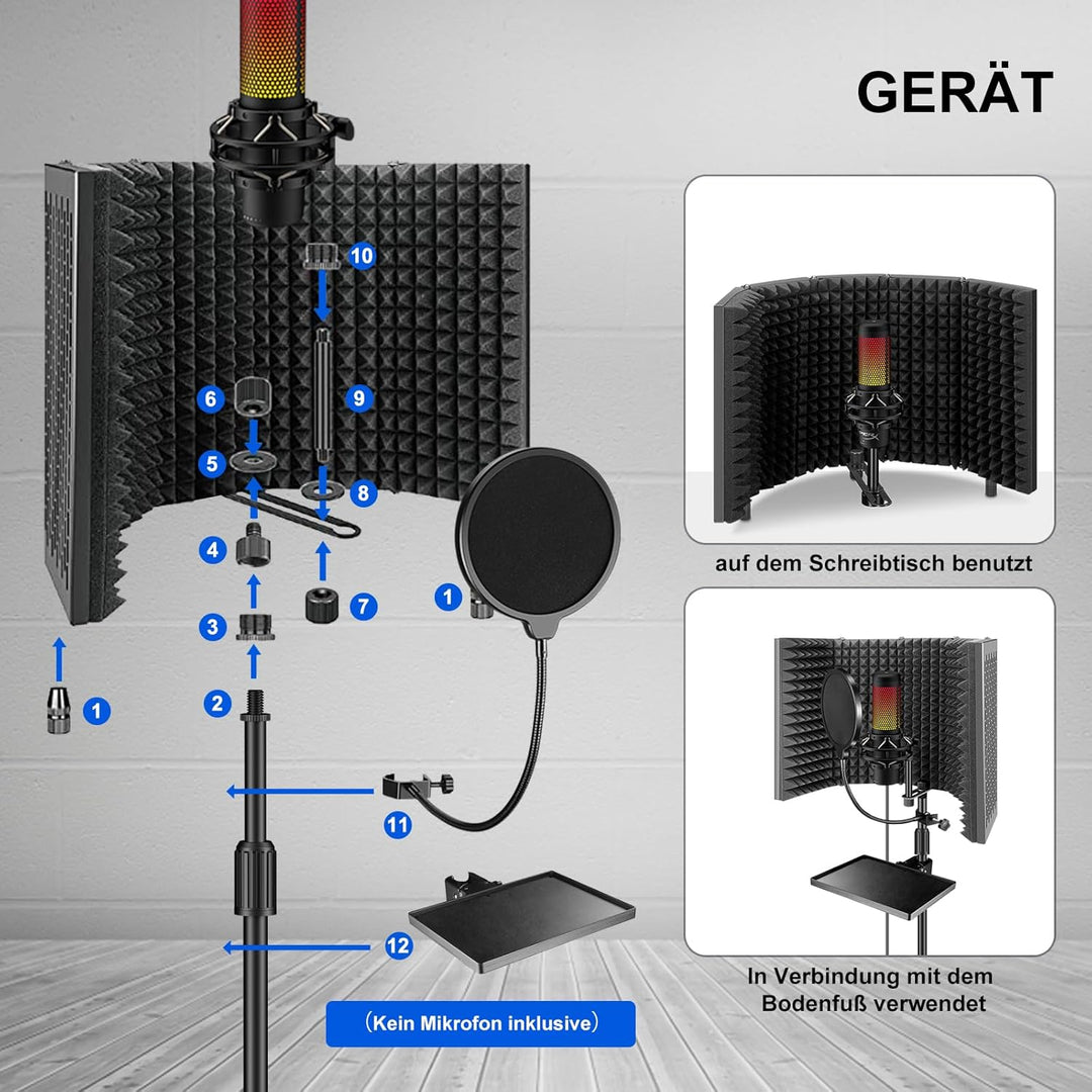 aokeo Mikrofon Isolation Shield mit Pop Filter Stativ Ständer, High Density Absorber Schaum zum Filt