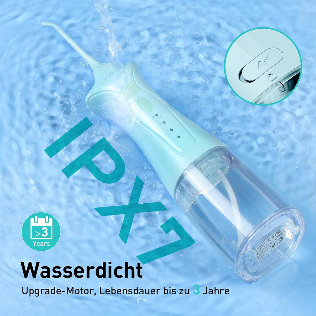 COSLUS Munddusche Kabellos Elektrischer Zahnreiniger: 4 Modi Tragbare Zahndusche 300ml Wassertank Mu