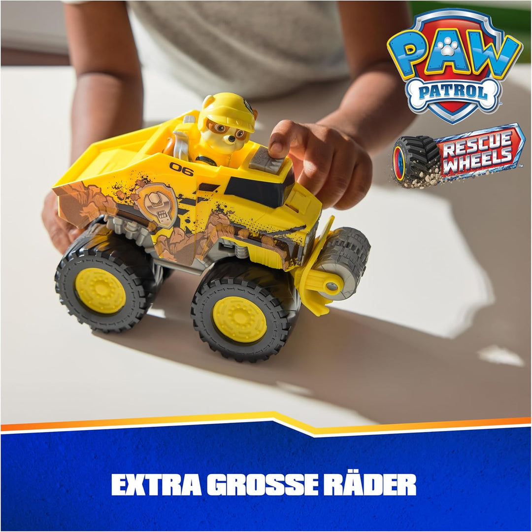 PAW PATROL Rescue Wheels - Rubbles Bulldozer Monstertruck mit Rubble Hundefigur, Spielzeug für Kinde