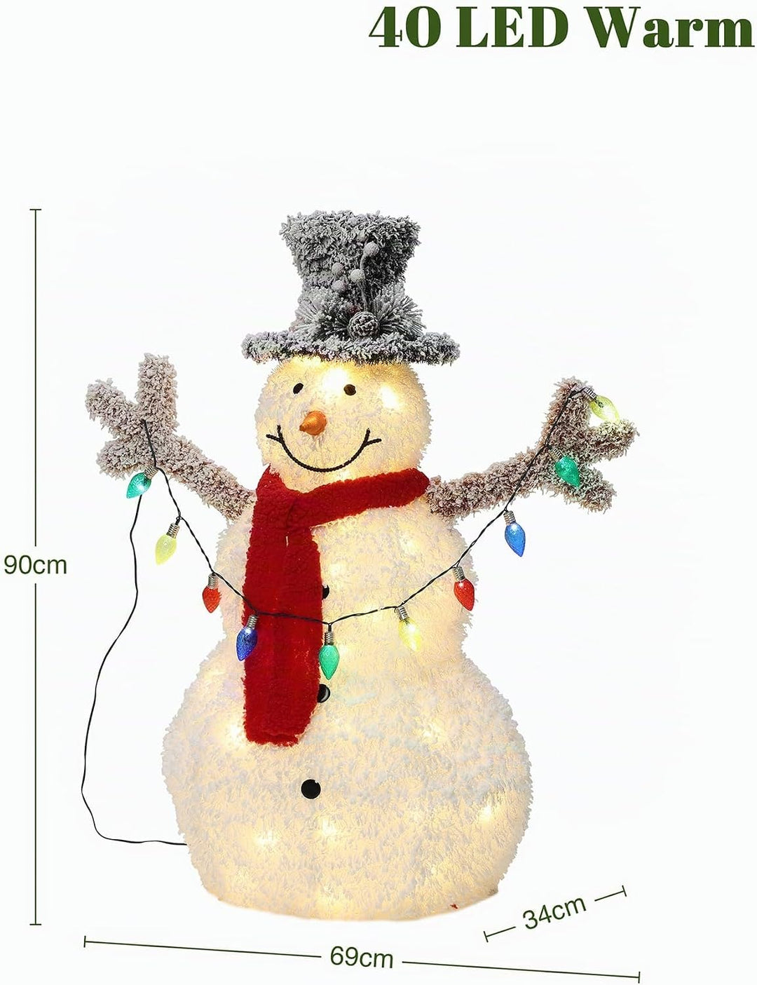 Hometopia LED Schneemann Deko mit Zylinderhut, Rotem Schal Leuchtende Weihnachtsfigur für Innen und