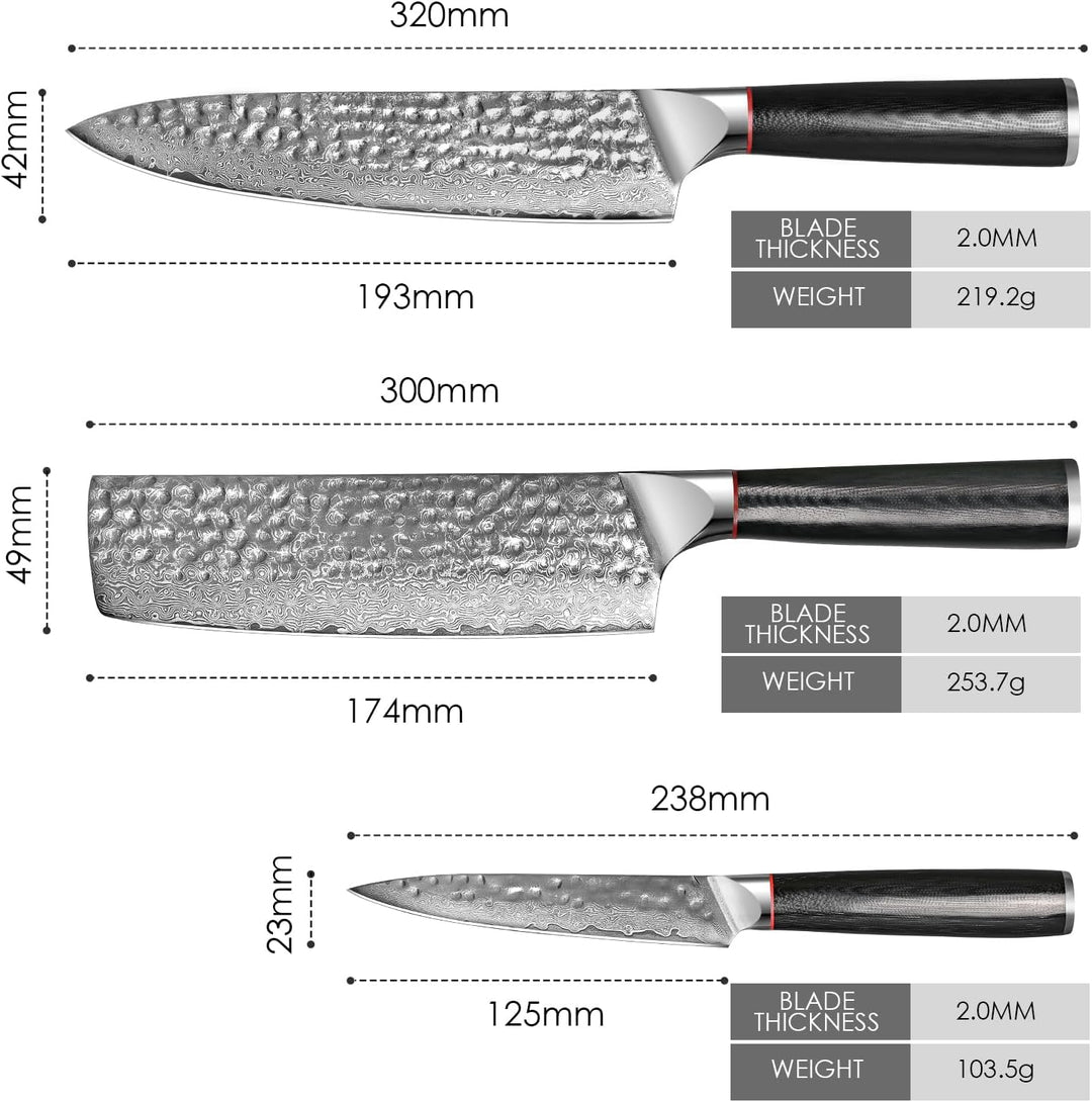 Home Safety Damast Kochmesser, 3STK Damastmesser Set VG10-Kernstahl mit 67 Schichten, professionelle