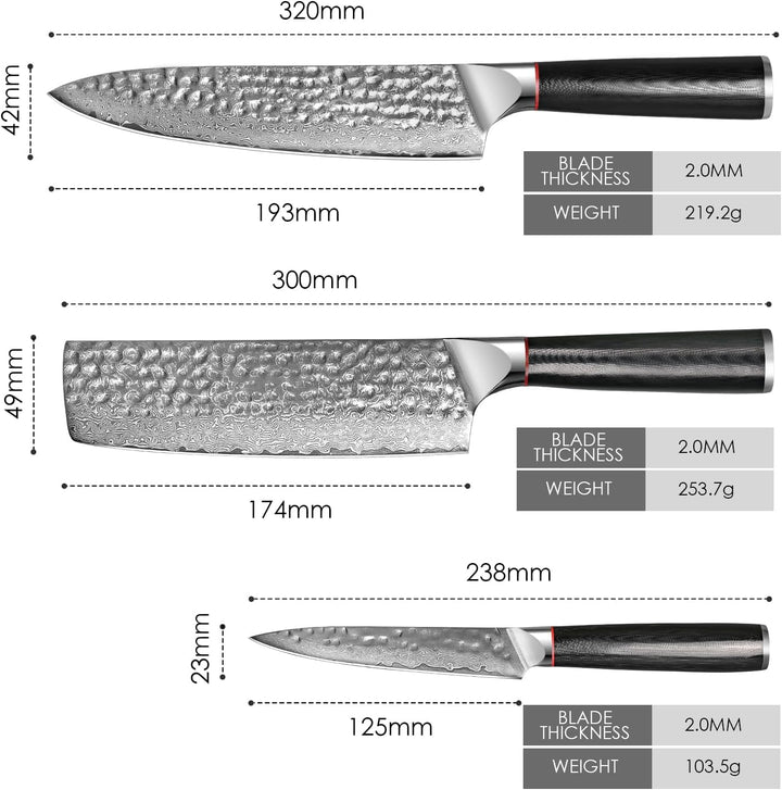 Home Safety Damast Kochmesser, 3STK Damastmesser Set VG10-Kernstahl mit 67 Schichten, professionelle