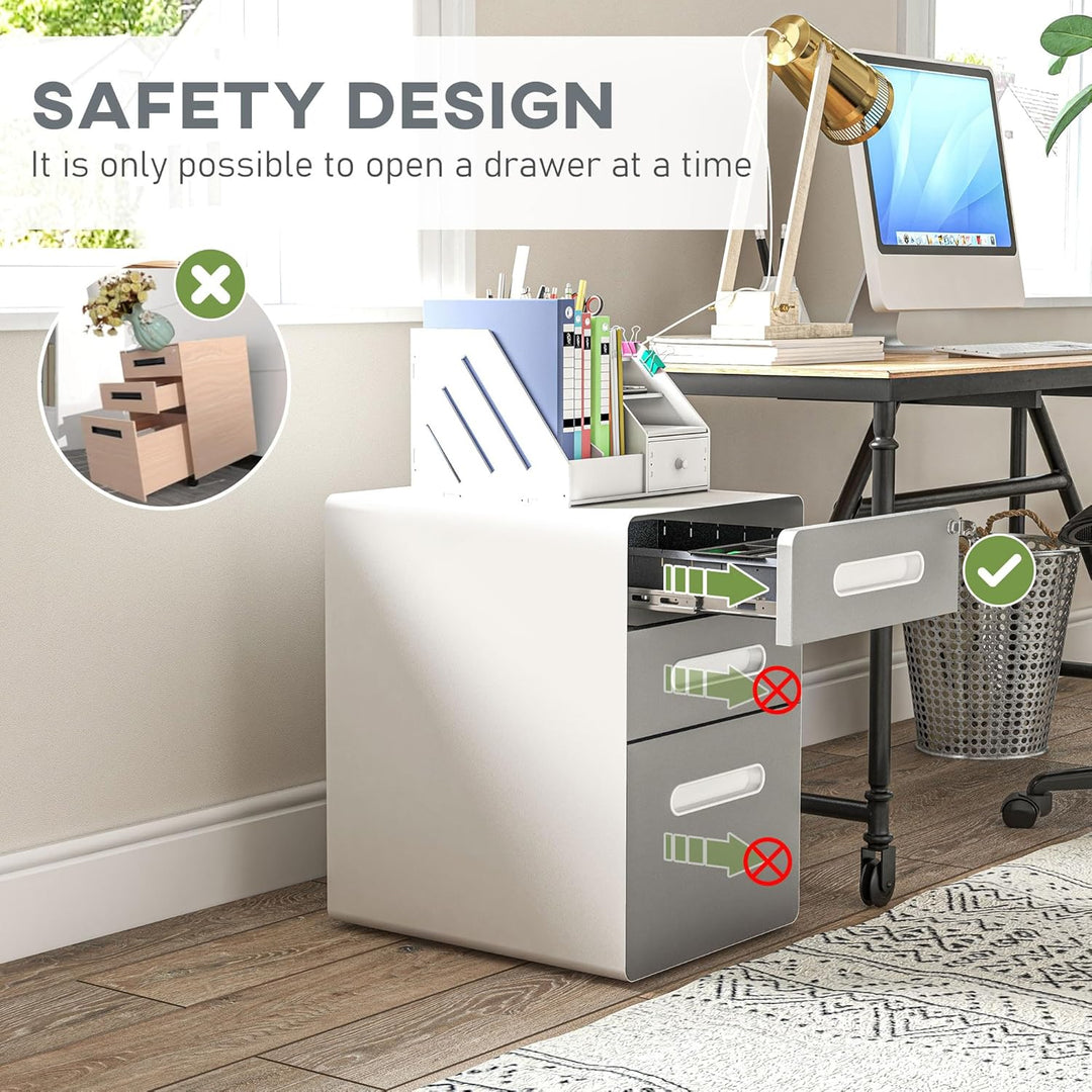 Vinsetto Rollcontainer, mobiler Aktenschrank mit 3 Schubladen, abschliessbarer Büroschrank mit Hänge