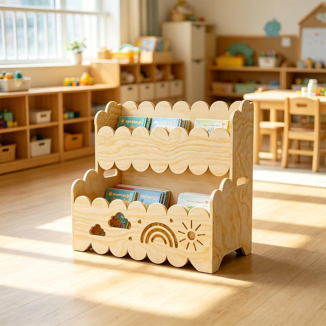 Kinder Bücherregal Holz, 2-Stöckiges Kinderbücherregal Montessori-Bücherregal Bücherkiste Kinder Wol