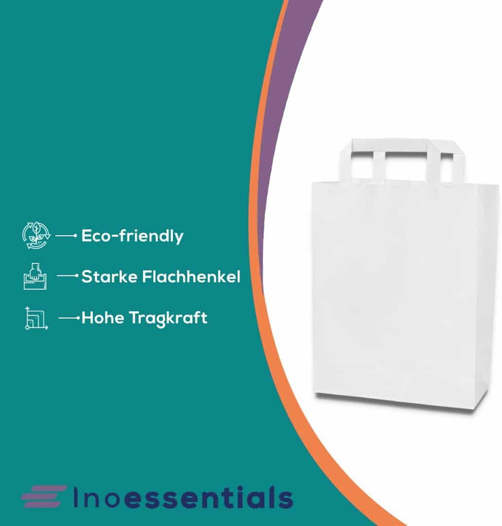 Inoverse 250 Stück Papiertragetaschen, Geschenktüten, 22+10x28 cm Papiertüten mit Henkel, Weiss Kraf