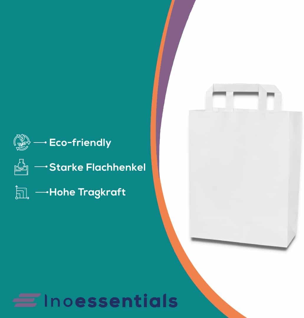 Inoverse 250 Stück Papiertragetaschen, Geschenktüten, 32+22x25 cm Papiertüten mit Henkel, Weiss Kraf