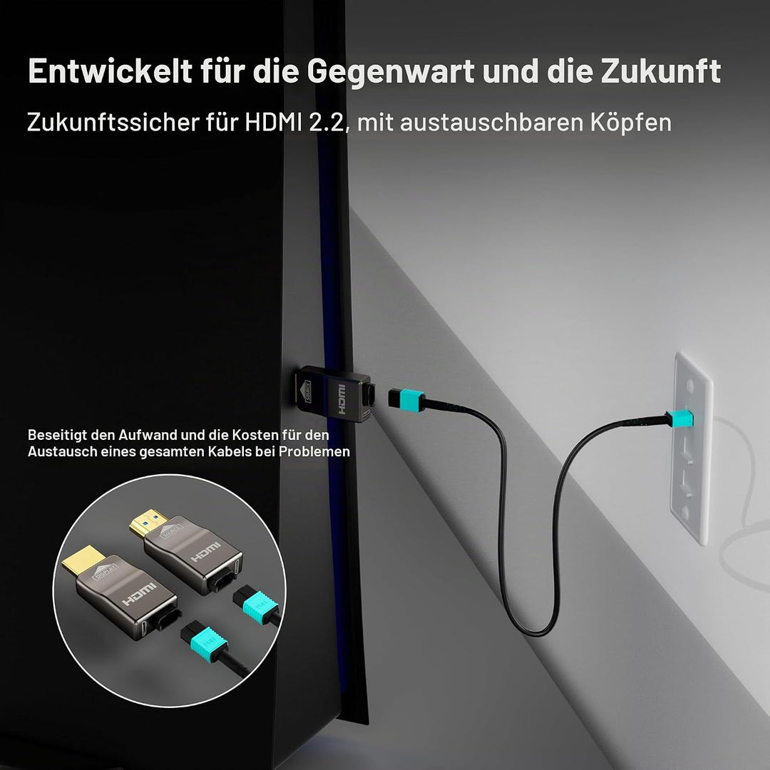 RUIPRO 8K HDMI 2.1 Kabel mit abnehmbarem Stecker aus reiner Glasfaser, 15 m, armiert, Ultra High Spe