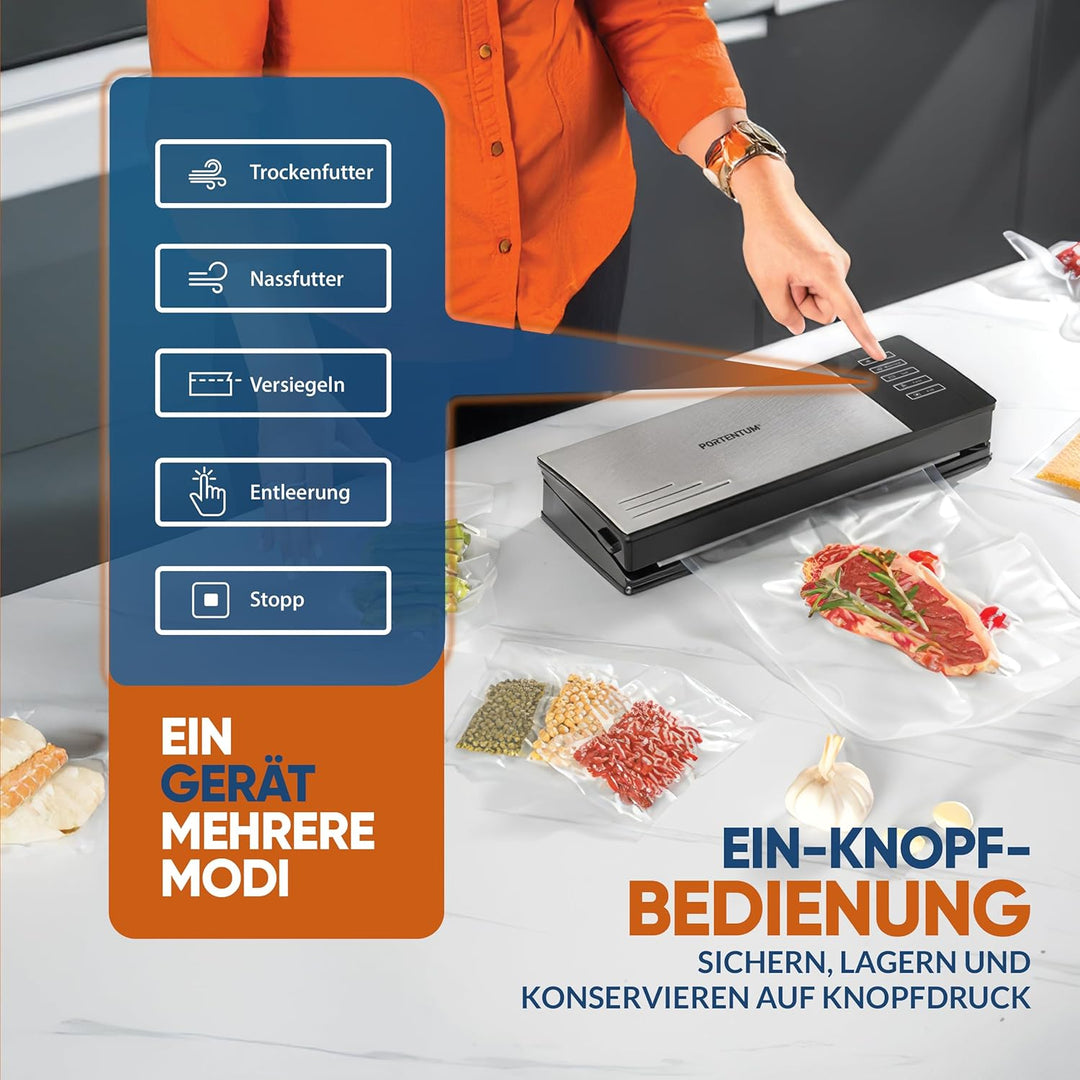 PORTENTUM Vakuumierer für Lebensmittel mit 10 gratis Beuteln – Vakuumiergerät für Lebensmittel – Fol