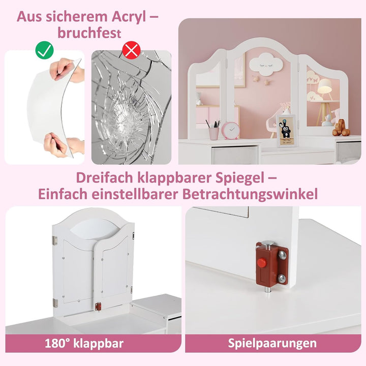Clevich 2 in 1 Schminktisch Kinder, Kinderschminktisch mit Abnehmbarem Spiegel, Prinzessin Frisierti