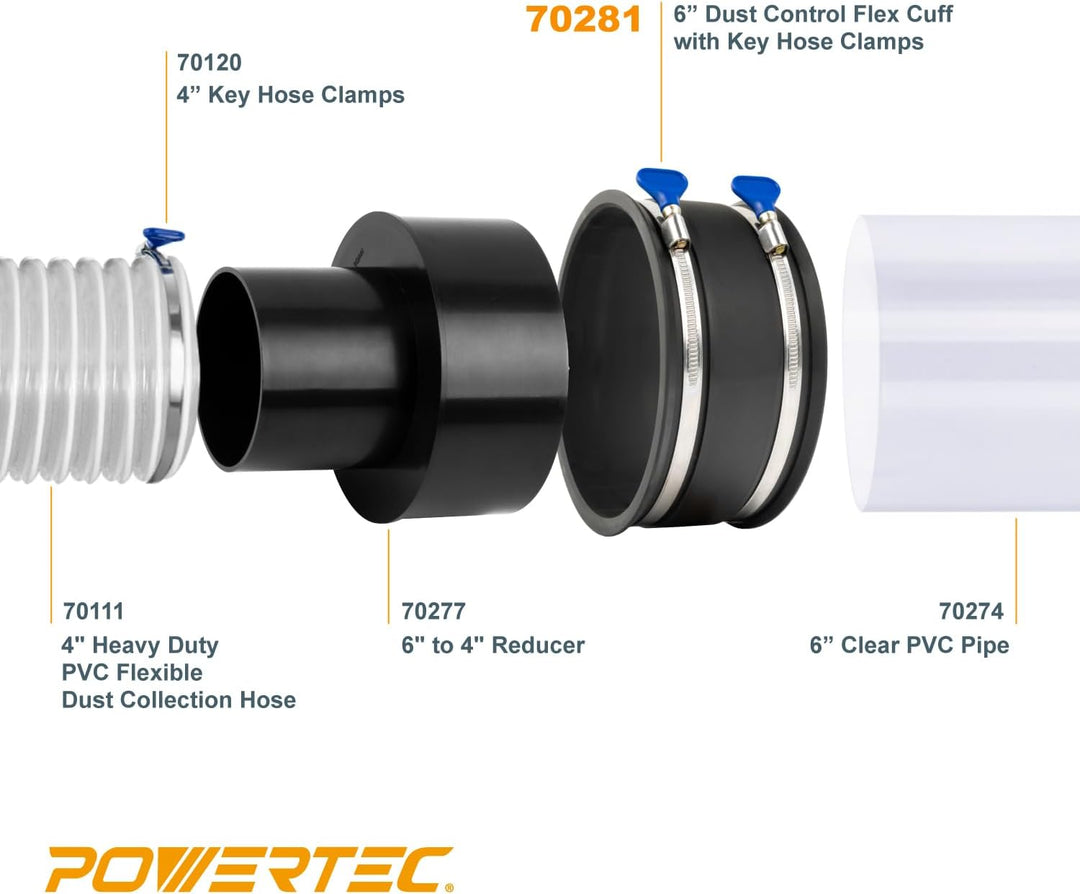 POWERTEC 70281 Dust Control Flex Cuff with Hose Clamps, 6-Inch, 6-Inch