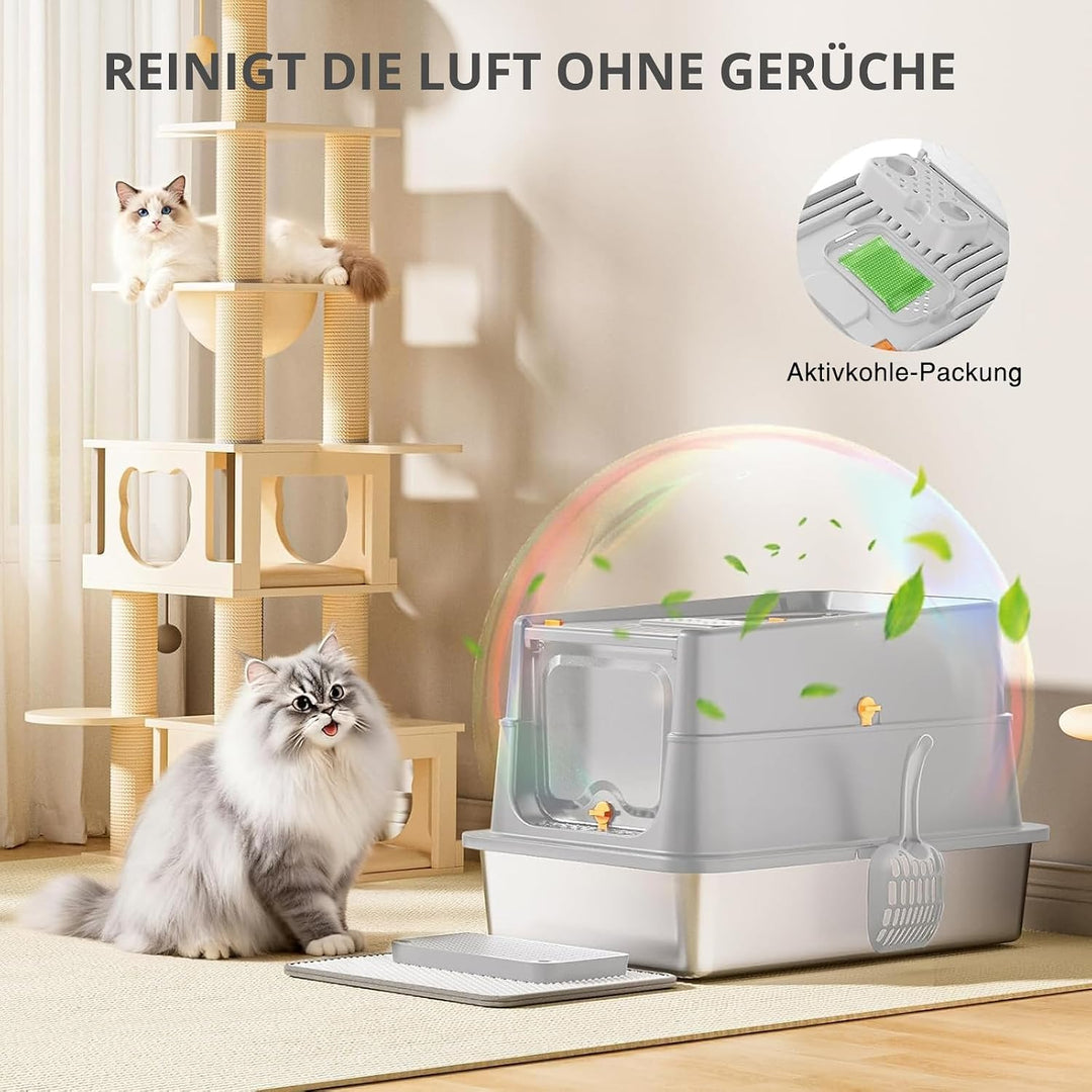 Katzentoilette aus Edelstahl, XXL geschlossene Katzentoilette mit Deckel, leicht zu reinigen, hochse