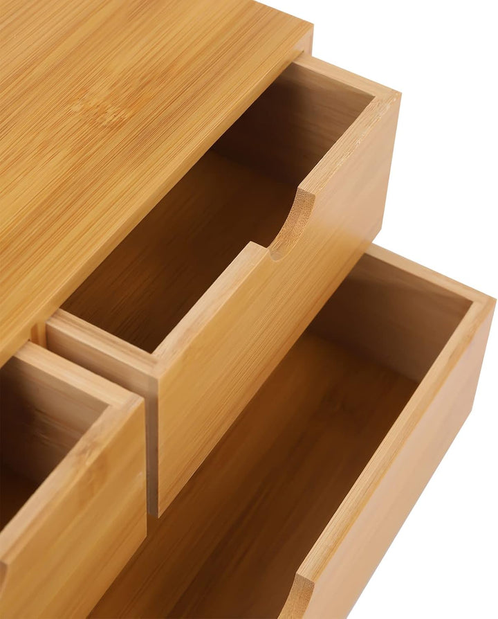 Bambus Schreibtisch-Organizer mit 3 Schubladen | 33x19x16cm Naturfarben | Schubladenbox für Büro &amp; K