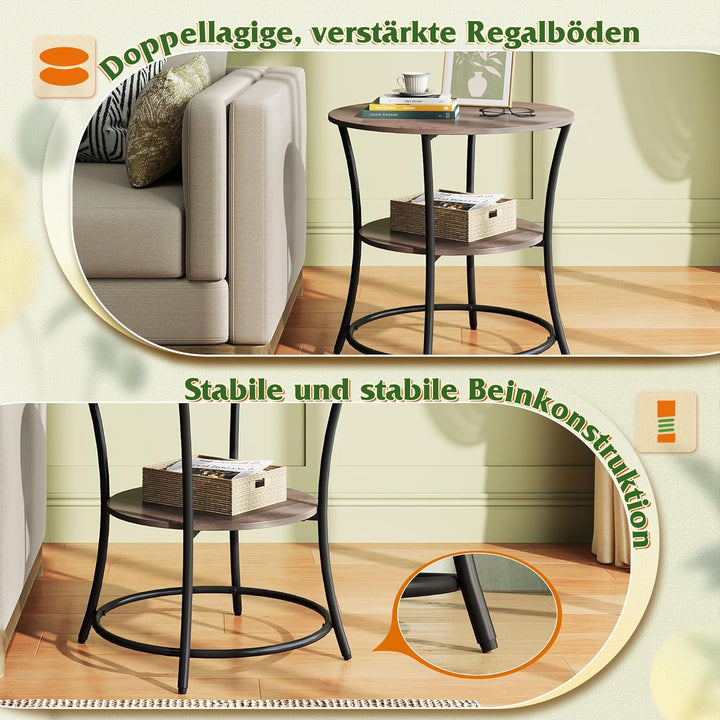 WLIVE Beistelltisch Holz, Kleiner Couchtisch Rund mit 2 Etagen Stauraum, Nachtschrank mit Metallbein