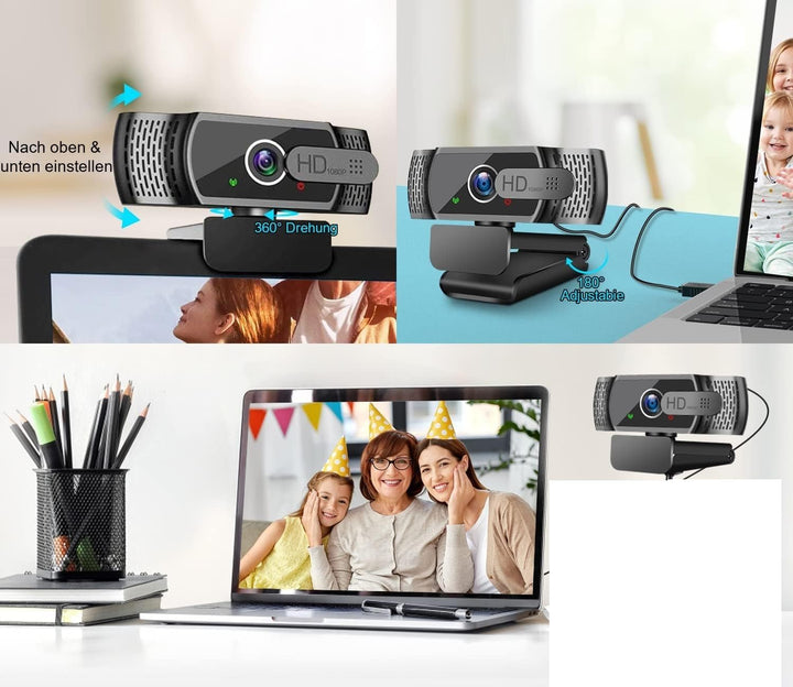 HD Webcam 1080P USB mit Mikrofon, Autofokus, Sichtschutzabdeckung, 90° Weitwinkel, Plug & Play, für