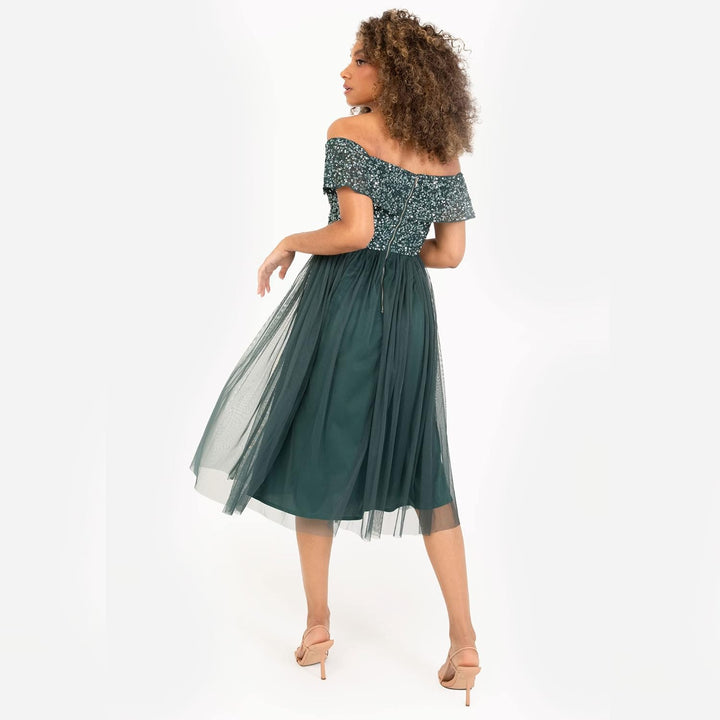 Maya Deluxe Damen Ladies Bardot Dresses Women Midi High Empire Waist Sequins Embellished Formal Even